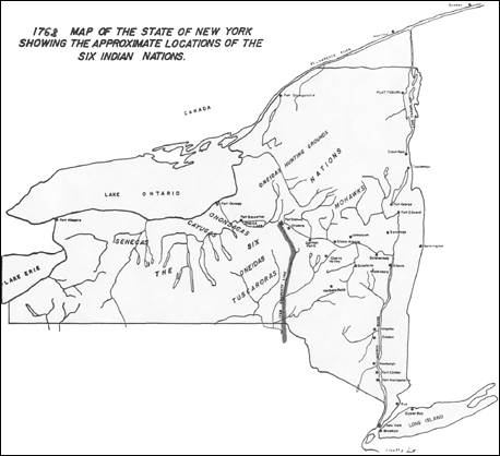 a line map of New York with markings where different native groups lived along the rivers in the 1700s