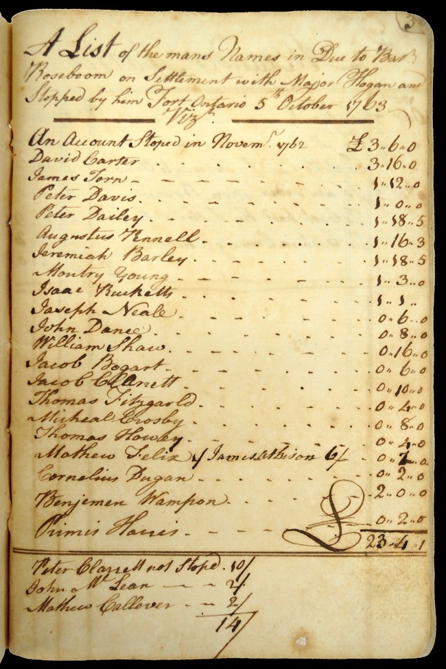 A yellowed page with a handwritten entry lists the names of the men and the amount stopped in the account with Barent Roseboom.