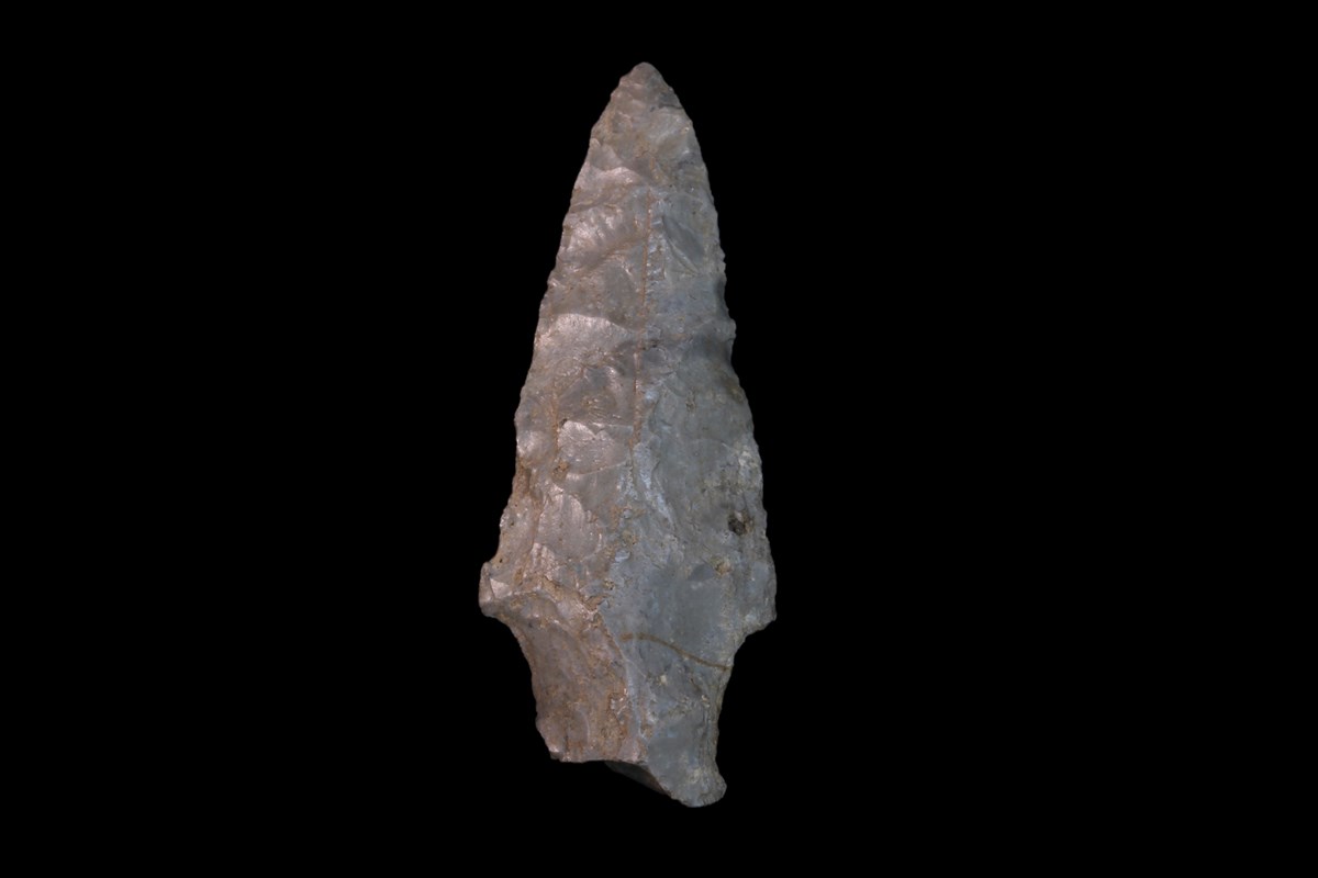 Elongated arrowhead projectile point made of stone.
