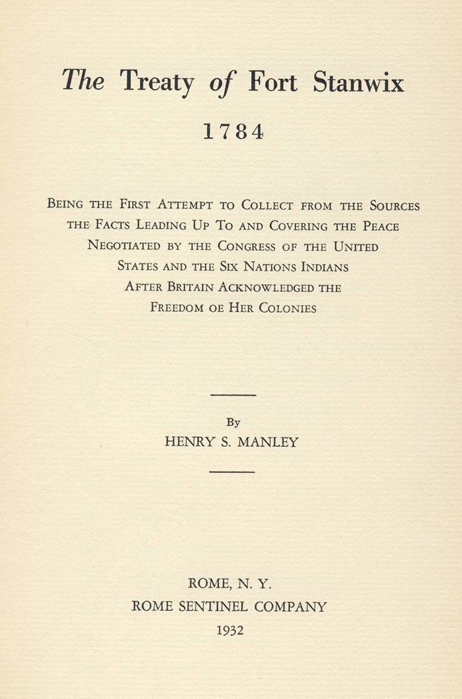 a yellowing page in center block print. in bold: THE TREATY OF FORT STANWIX...By H.S. Manley a yellowing page in center block print. in bold: THE TREATY OF FORT STANWIX...By H.S. Manley