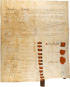 a yellowing parched paper with red stamps and cursive writing in ink. a list of signatures on the bottom