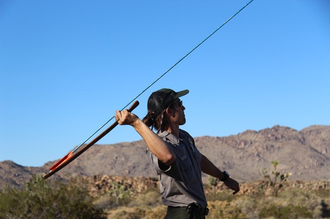 A park ranger holds a long spear in an atl atl preparing to throw it into the distance.