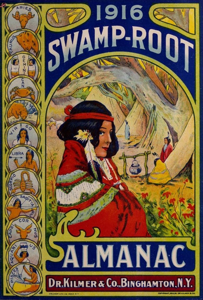 Swamp Root Almanac (Archive.org) Colorful advertisement for Dr. Kilmer's swamp root features a stereotypically depicted Native American woman wrapped in a shawl with tepees in the background.