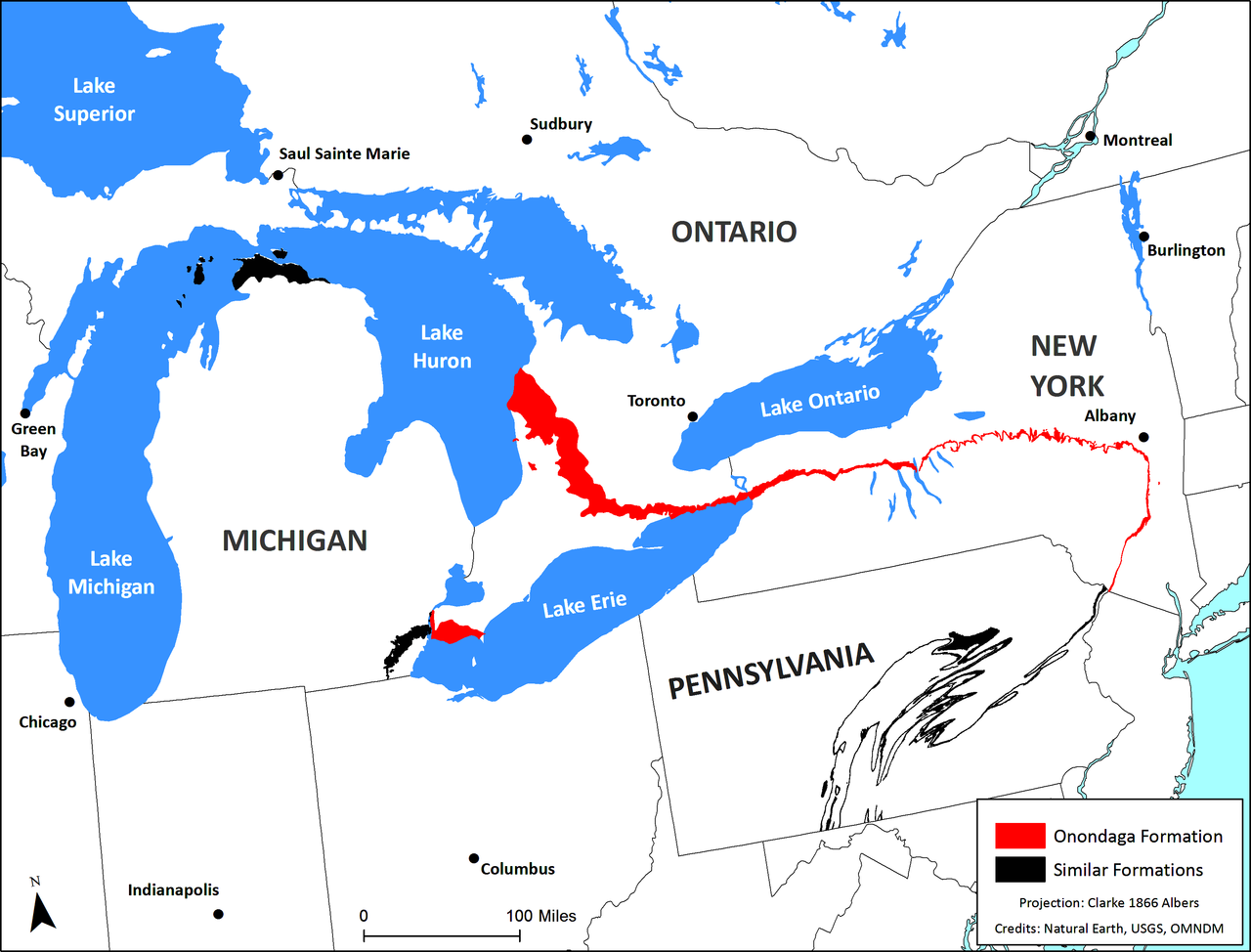 Map showing the Onondaga chert formation stretching from New York west into Ontario, Canada, and into Michigan.