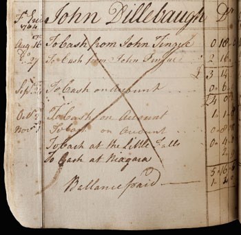 Handwritten script details the transactions of John Dillebaugh in 1764 in Barent Roseboom's journal.