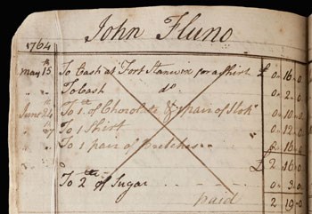 Hand written script writing describing the transactions of John Fluno.