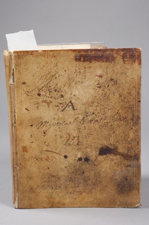 Brown tattered hard leather cover of Barent Roseboom's ledger. Brown tattered hard leather cover of Barent Roseboom's ledger.
