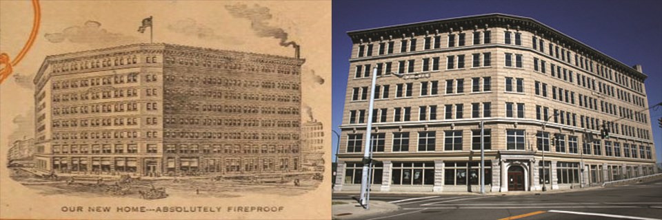 Image of a concept drawing of the building with a picture of the six-story building today.