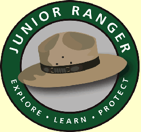 NPS Jr Ranger Logo in green circles flat ranger Stetson hat: explore, learn, protect
