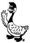 a cartoon goose waves at you