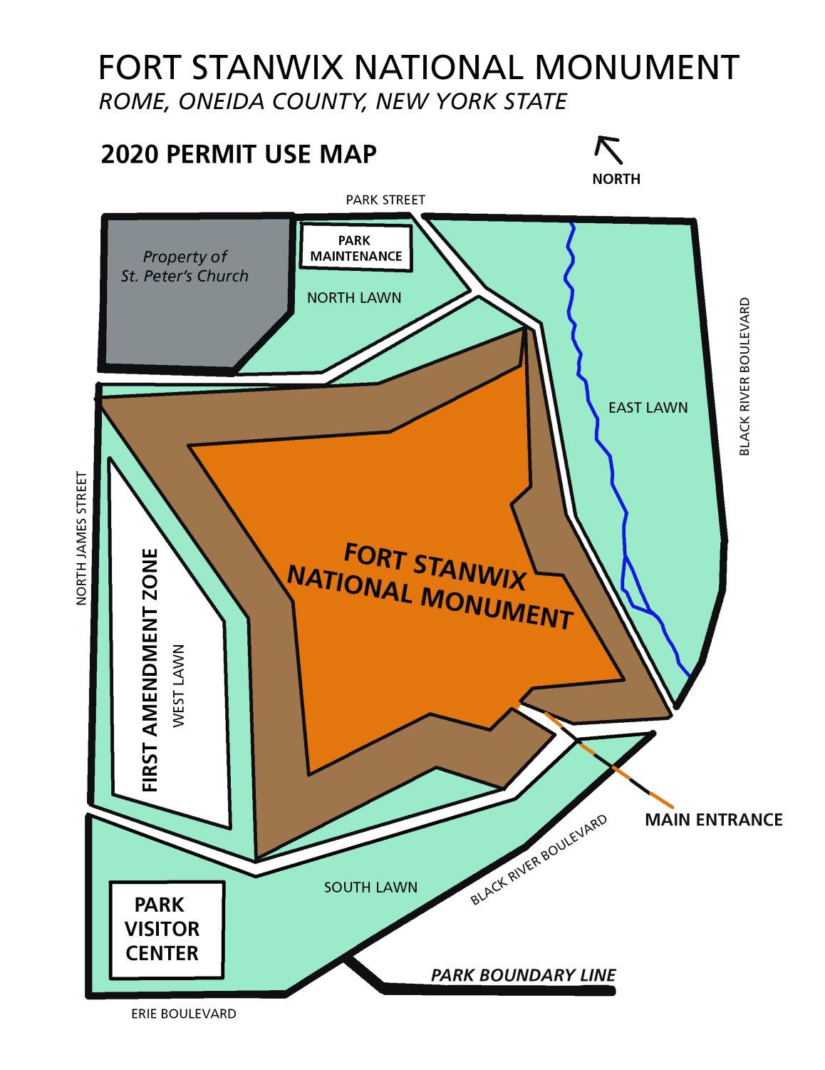 Map of Fort Stanwix National Monument showing the first amendment zone on the west lawn northeast of the visitor center and west of the fort.