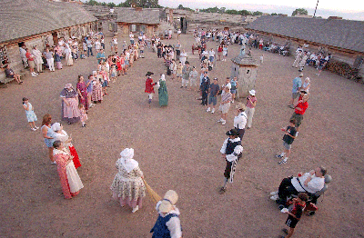 swirls of browns, tans, and blues dance in line on the fort parade ground