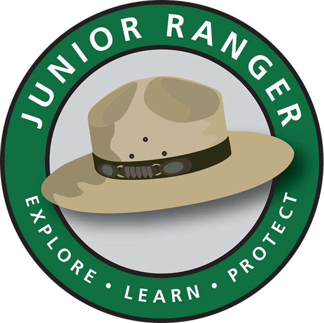 Junior Ranger Logo, a flat hat on a gray background in a green circle that reads Junior Ranger, Explore, learn, protect