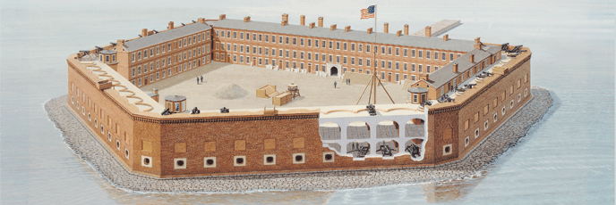 Graphic representation of Fort Sumter in 1860, with a portion cut out to reveal the fort's interior.