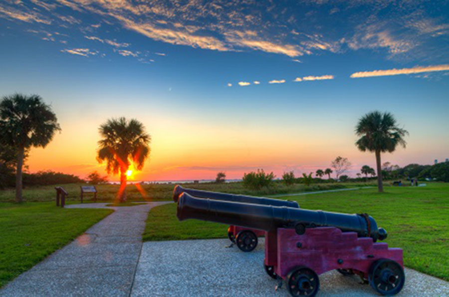 Cannons outside Fort Moultrie at sunset
