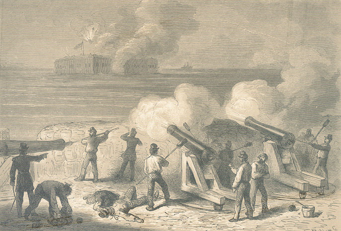 Historic drawing of the 1861 opening bombardment of Fort Sumter as seen from Fort Moultrie