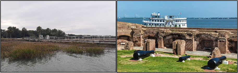 Docks at both park sites. On the left is an image of the dock at Fort Moultrie; on the right is an image of the dock at Fort Sumter