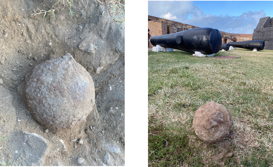 The ordnance at the Fort A round, grey cannon ball (ordnance) on the green parade ground at Fort Sumter.