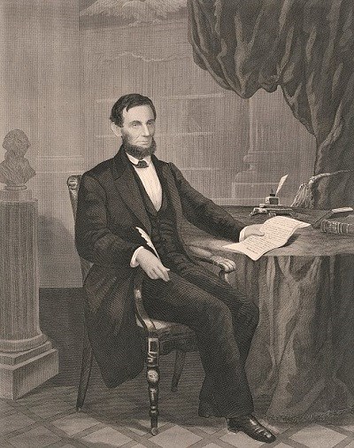 Engraving of Lincoln signing the Emancipation Proclamation