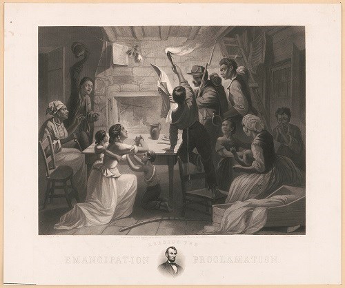 Engraving of a group of black men, women and children, along with Union soldiers reading the Emancipation Proclamation