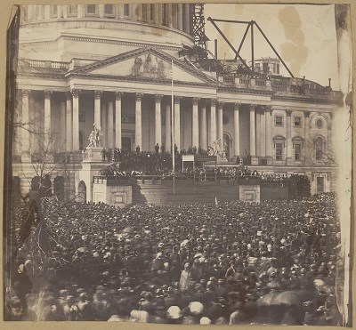 Lincoln's First Inaugural on the steps of the Capitol with crowds in the thousands present