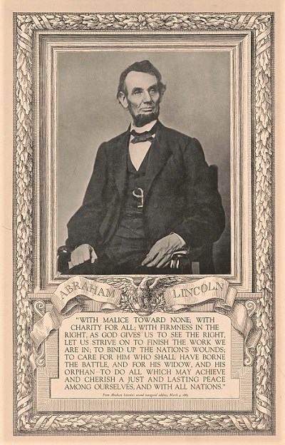 Portrait Image of Lincoln with part of Second Inaugural text below