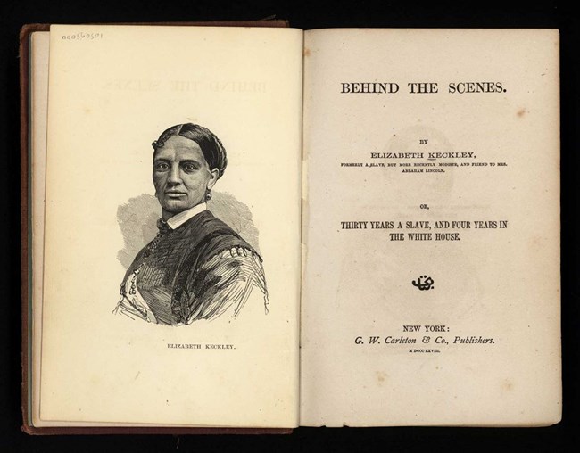 Photo of two pages from a book, on the right a black and white portrait sketch of a African American woman, on the left the book's title: Behind the Scenes, or, Thirty Years a Slave and Four Years in the White House