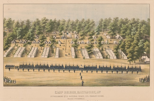 Color lithograph of a Civil War era camp with rows of soldiers and tents