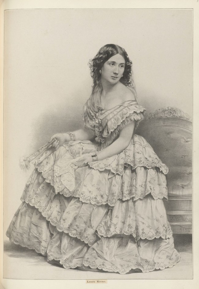 Illustration of a white woman with dark curly hair sitting on a couch wearing an elaborate and ruffly dress and holding a fan