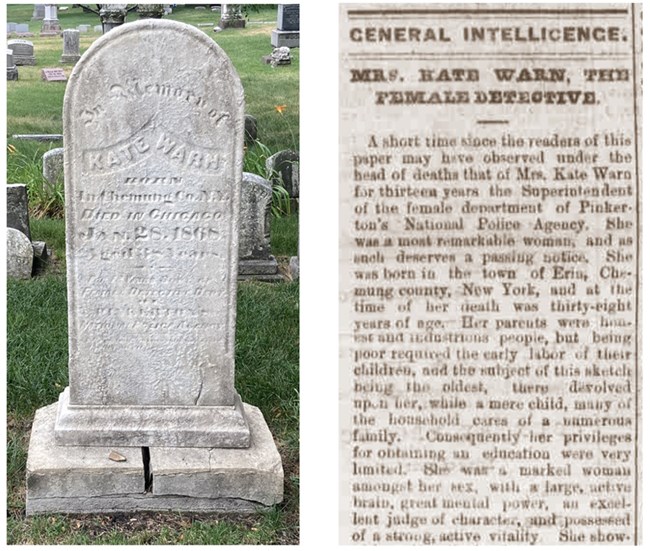 Photo of a white marble gravestone in a grassy cemetery next to an image of an all text newspaper column