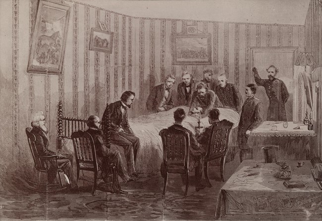 Engraving of Lincoln Deathbed Scene with Doctors and Cabinet Members gathered around