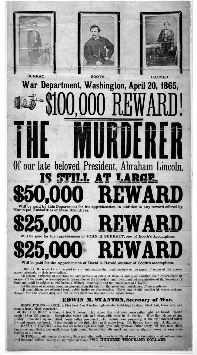 Black and white wanted poster advertising a reward for the capture of Lincoln's murderer. Three small images of suspects are at the top. The center shows John Wilkes Booth, a man with a mustache sitting and holding a cane.