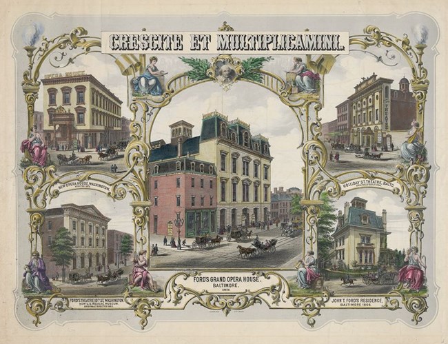 Color lithograph of four of Ford's theaters and his home in Baltimore