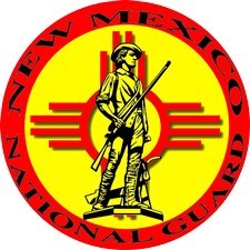New Mexico Naitonal Guard insignia, with soldier standing holding rifle and zia sun in background