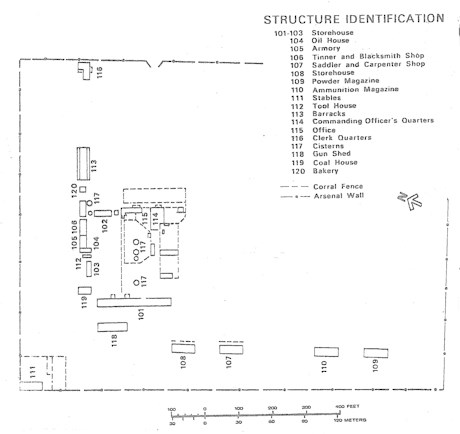 line drawing identifying different buildings at fort union arsenal