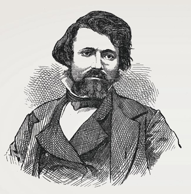 A drawing of a bearded man with a full head of dark hair wearing a 19th-century jacket and bow tie.