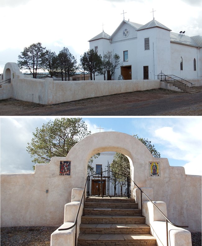 large white catholic church above photo of stairway leading to church entrance