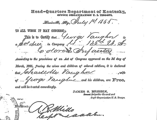 official us government document freeing family of enslaved person George Vaughn