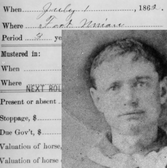 Image of face of Civil War soldier with wartime muster roll in background