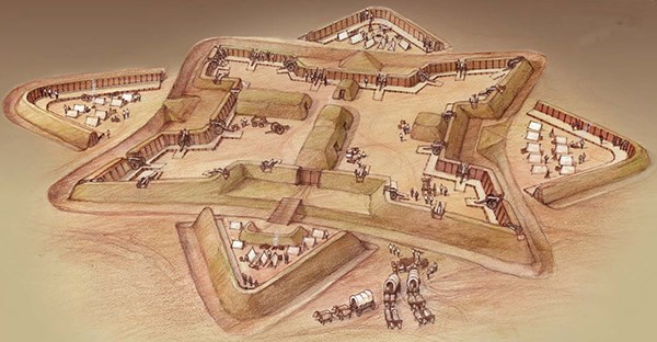 drawing of star fort with cannons mounted behind walls and tents pitched inside