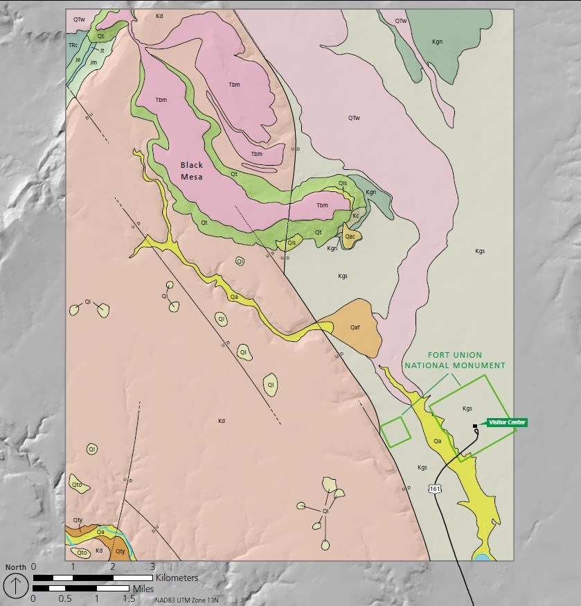Geologic map of the area around Fort Union showing different rock layers