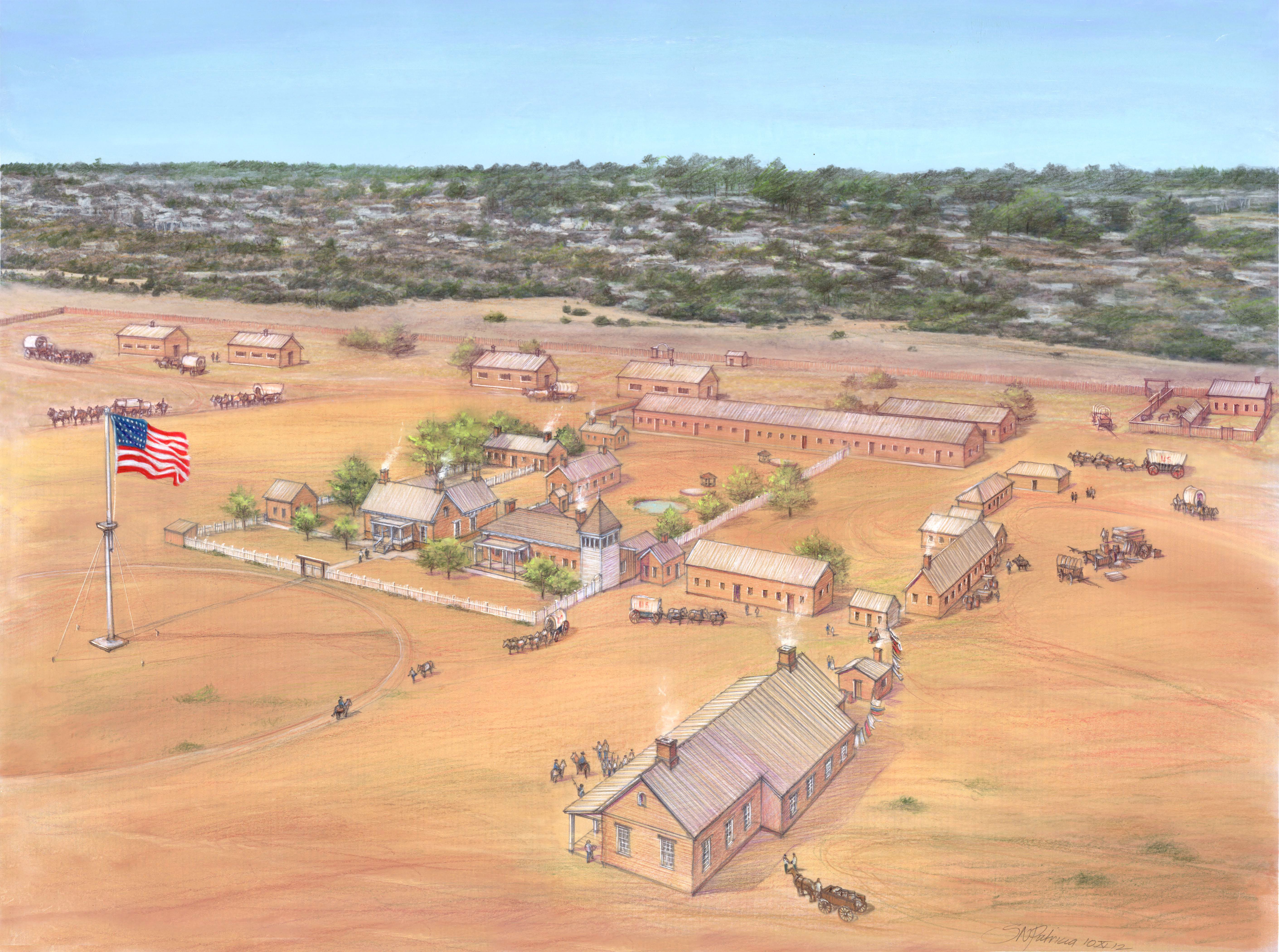 Artwork of Fort Union Arsenal Color drawing of the 1800s Fort Union Arsenal with adobe buildings, wagons, fencing and flagpole on a prairie landscape.