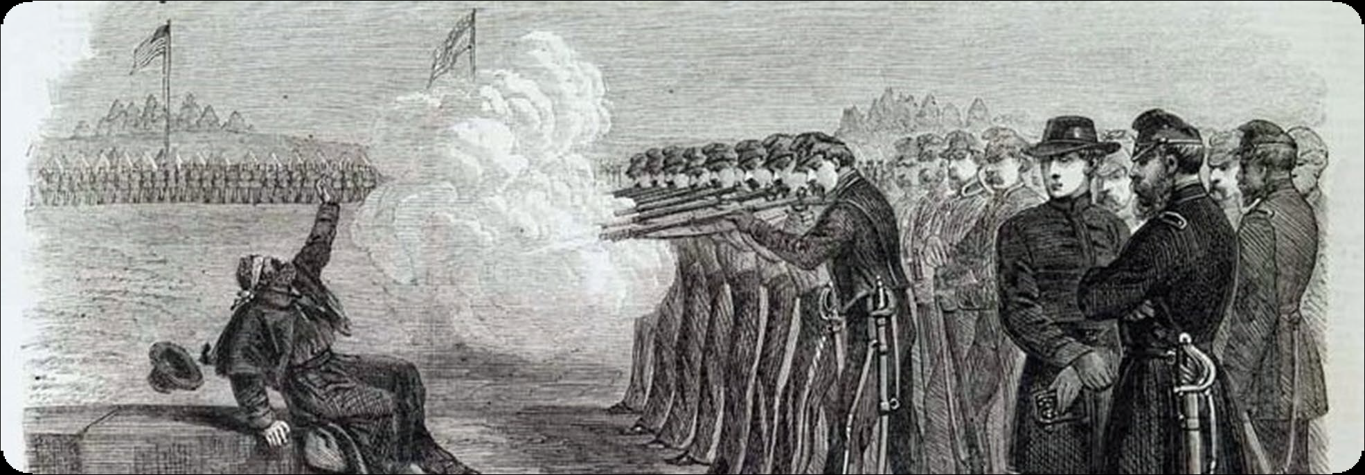 drawing of group of soldiers executing another soldier by firing squad