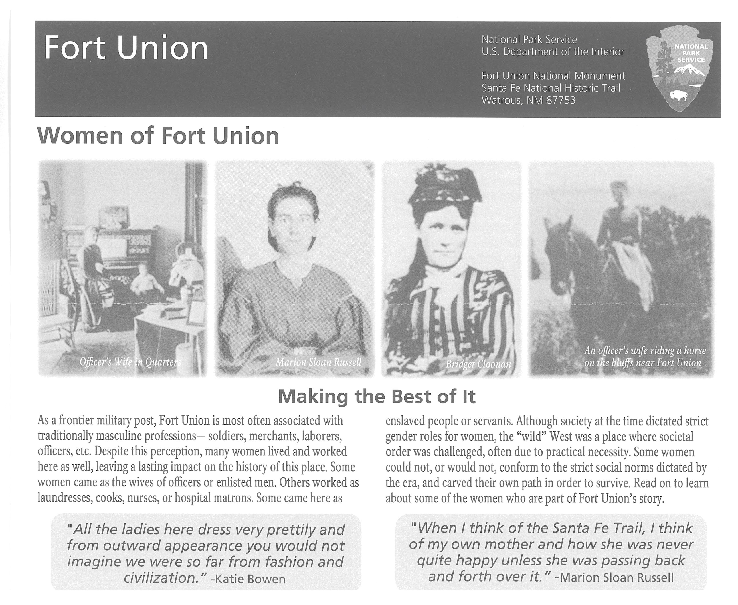 Photos of a woman and child sitting at a piano, two women wearing dresses and a woman on horseback.