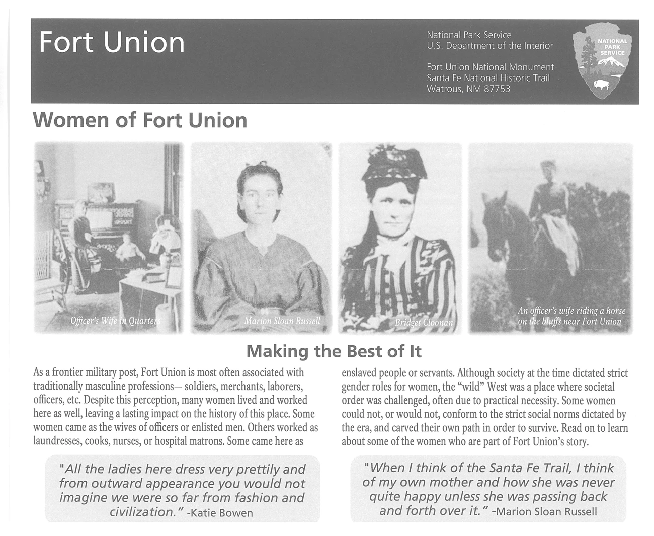 women at fort union Photos of a woman and child sitting at a piano, two women wearing dresses and a woman on horseback.