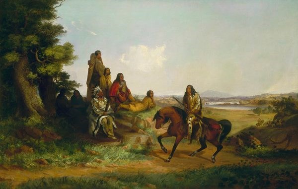 Painting of an American Indian man with a long gun on horseback in front of a family of American Indians beside a tree with a grassy field in the background.