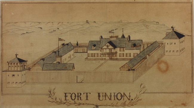 Sketch of a walled structure with two stone towers at opposite corners. Inside there are two long buildings running along the sides with a large white house on the back wall and a smaller building just inside the centered front gate.