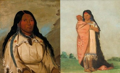 Left, American Indian woman. Right woman standing with child wrapped in blanket
