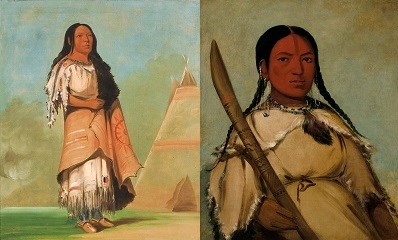 Left, American Indian woman standing with tipi in background. Right woman seated with wooden garden implement (digging stick for prairie turnips).