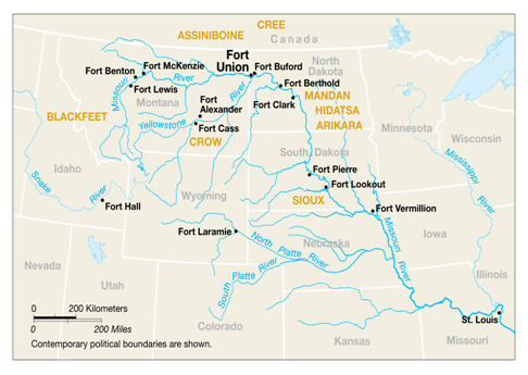 Map showing trading forts and American Indian territory from Minnesota and from Canada to Missouri.